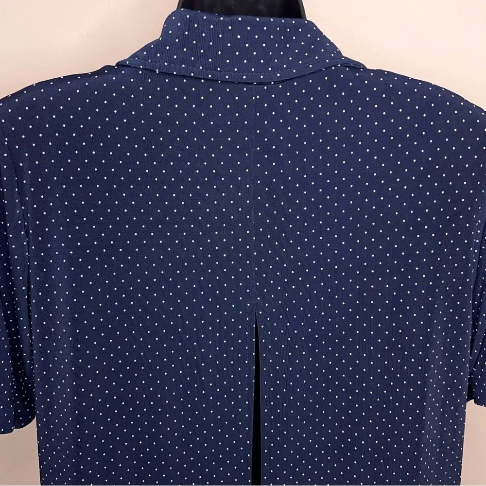 Vintage Medium Ronni Nicole Blue White Dot Print Short Sleeve Stretch Retro